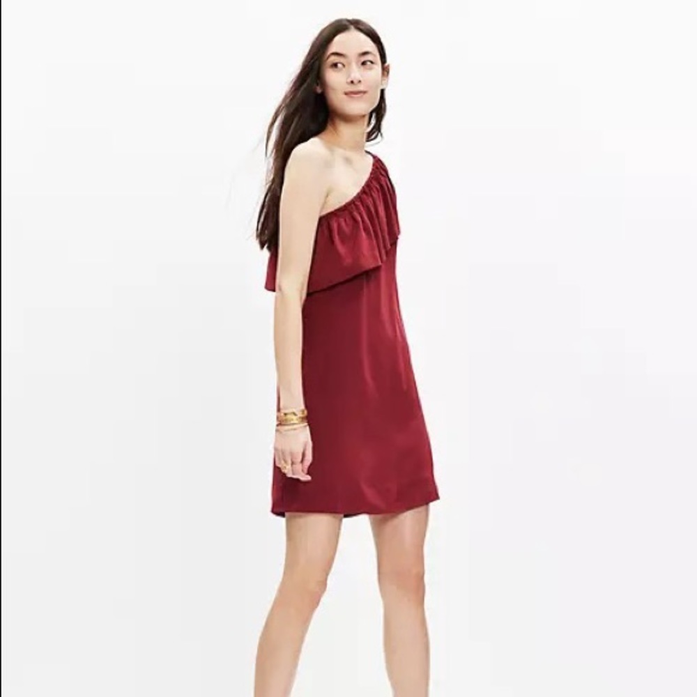 Madewell Burgundy One Shoulder Silk Dress (Size 4)